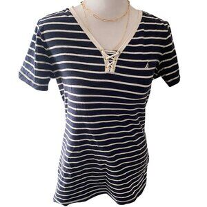 Nautica Blue and Navy Striped V-Neck Lace Up Top Women's Size M